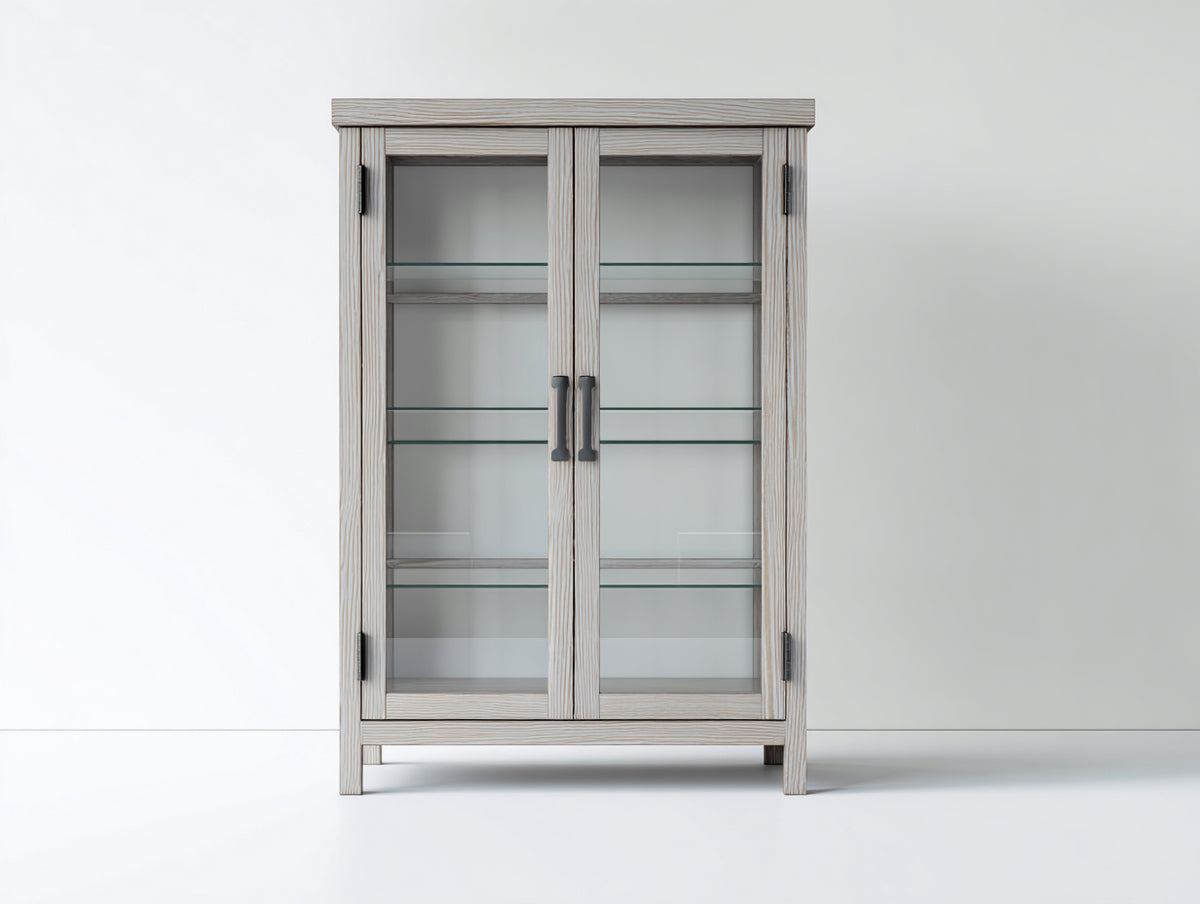 Vitrine 90x35x180 cm - Holzvitrine mit 2 Glastüren - graue Holzoptik im modernen Stil