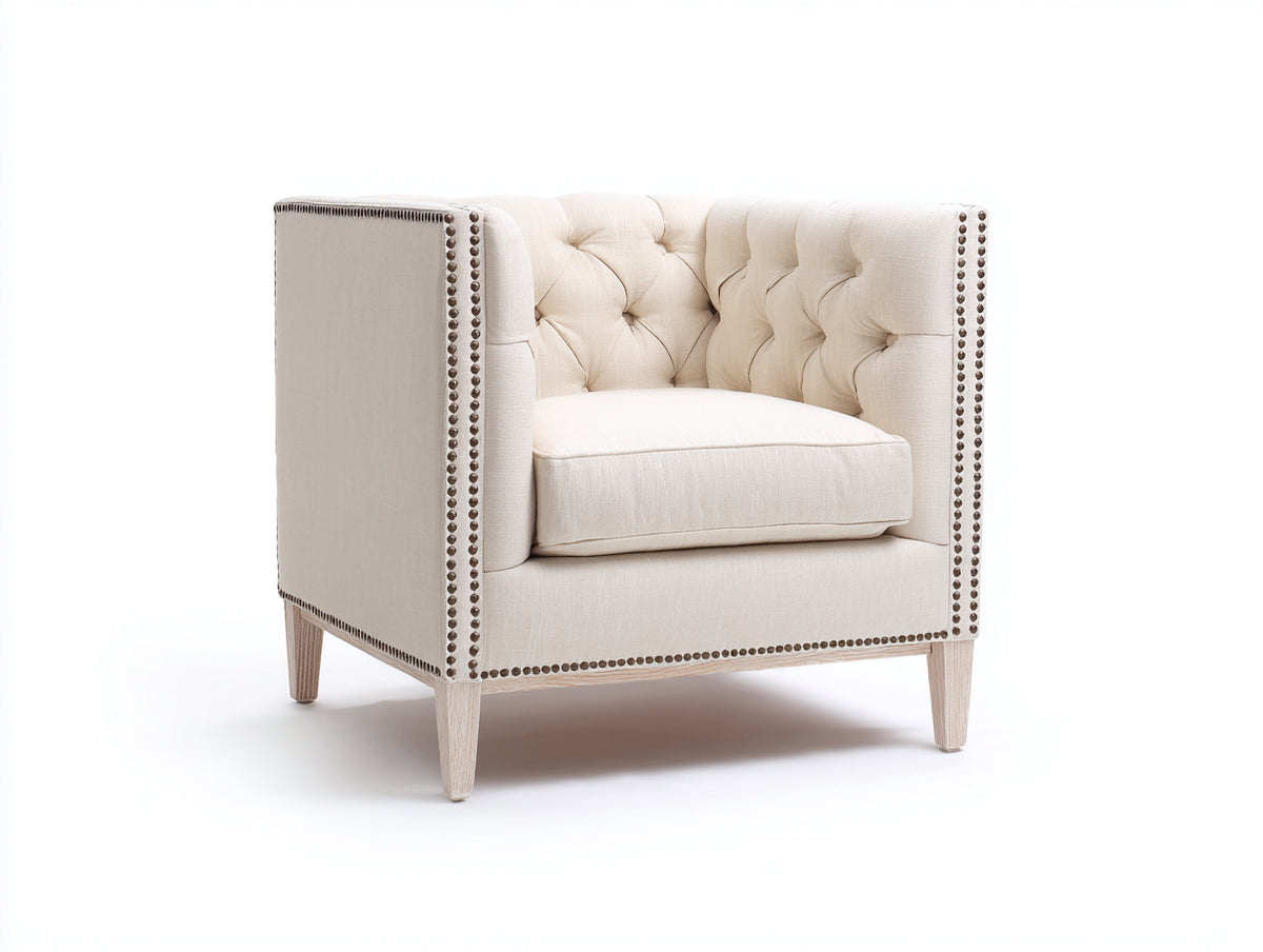 Sessel 85x90x85 cm aus Stoff in Beige - Eleganter Polstersessel mit Knopfheftung und breiten Armlehnen für Wohnzimmer