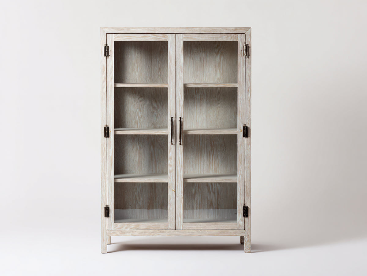 Vitrine Holz 90x35x180 cm Natur - Moderne Glasvitrine mit Türen und Regalen für Wohnzimmer