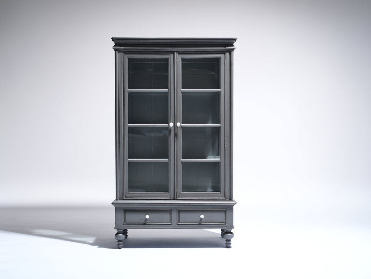 Vitrine Holz 90x40x190 cm Grau - Klassische Glasvitrine mit Türen und Schubladen für Wohnzimmer