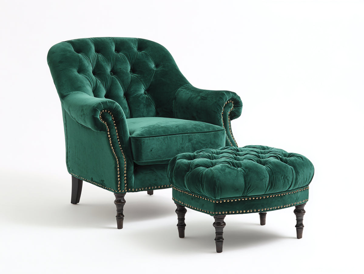 Sessel Samt Polsterstuhl mit Hocker 86x90x82 cm Dunkelgrün Chesterfield Stil Klassisches Design