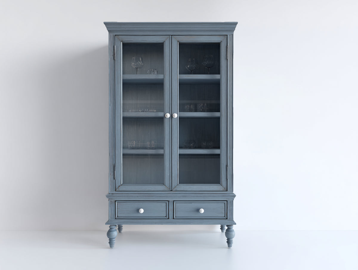 Vitrine 100x40x190 cm aus Holz in Blau mit 2 Glastüren und 2 Schubladen - Klassische Ausstellungsvitrine mit Stauraum für Wohnzimmer und Essbereich