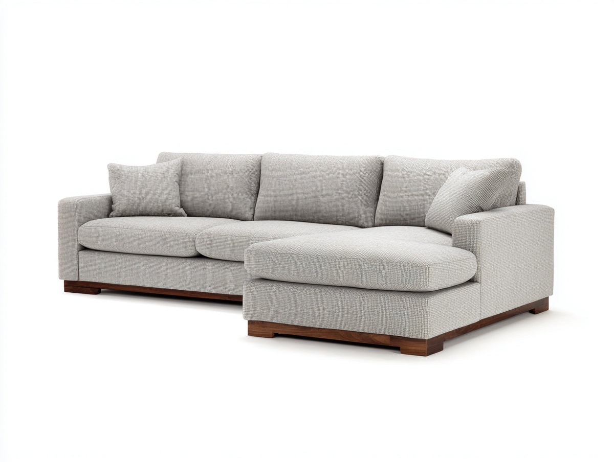 Ecksofa 280x180x85 cm - Stoffsofa mit Ottomane - beige Polsterung und Holzdetails im modernen Design