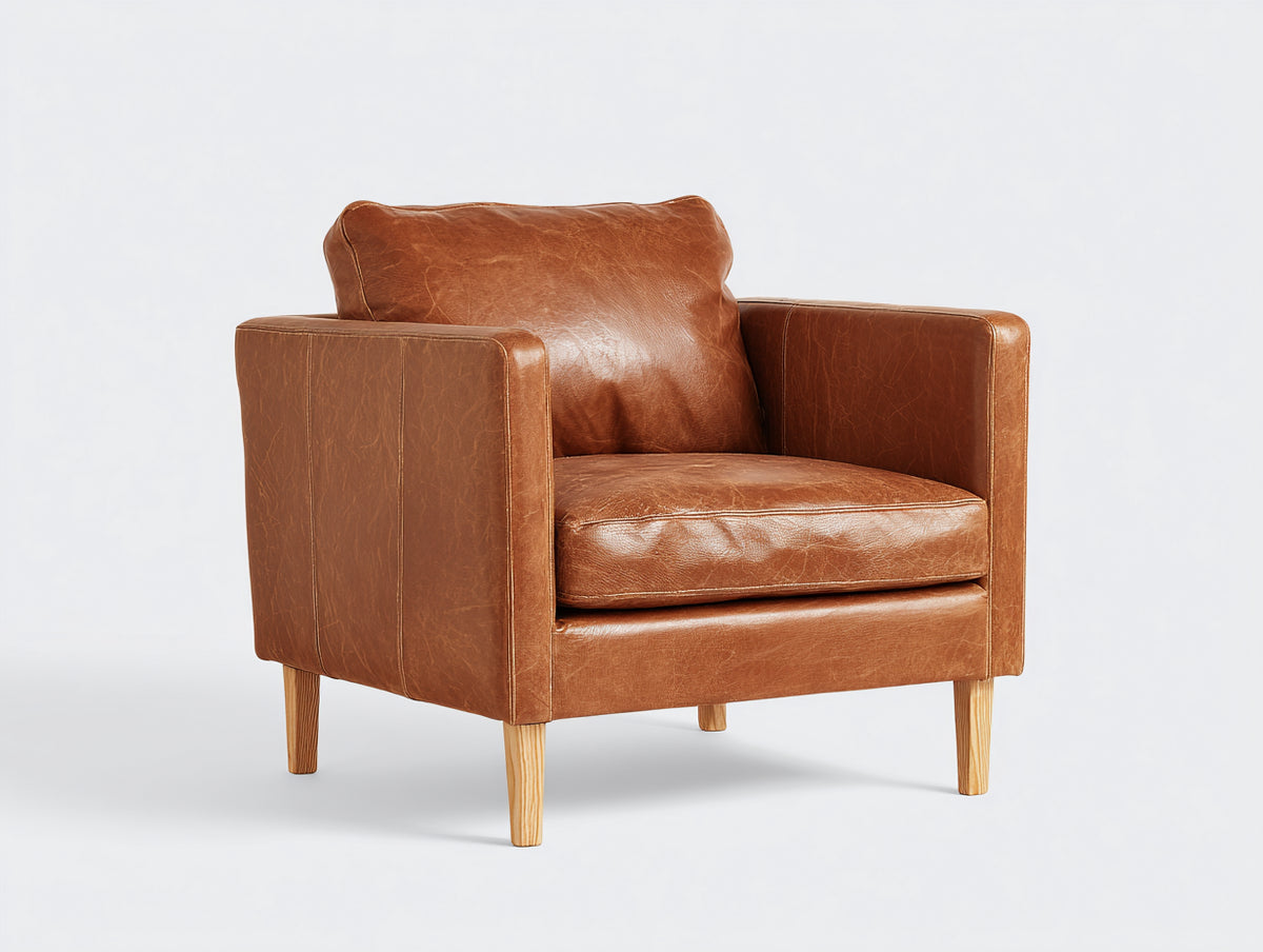 Sessel Leder 82x85x78 cm Cognac - Moderner Polstersessel mit Armlehnen und Holzbeinen