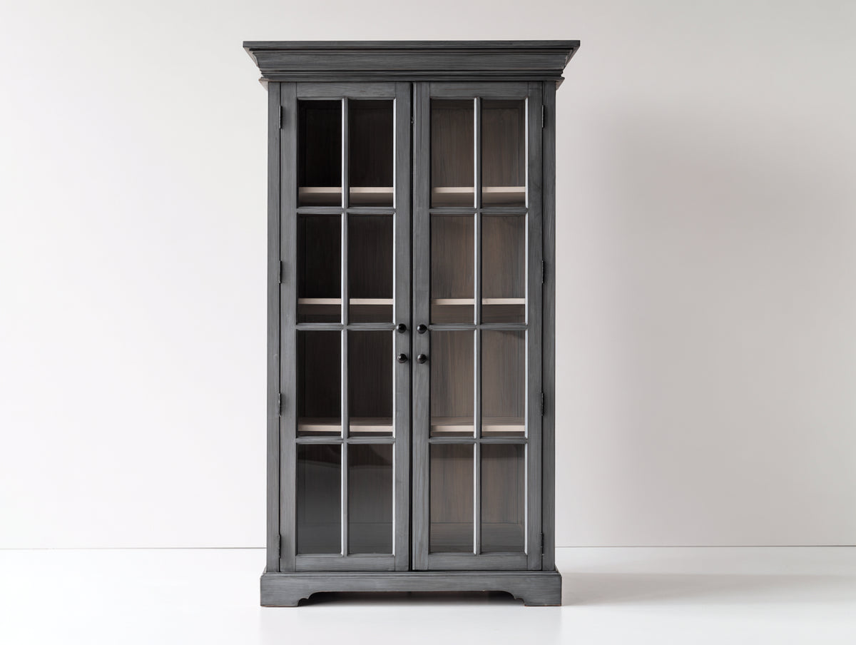 Vitrine 90x40x180 cm aus Holz in Grau mit 2 Glastüren - Klassische Ausstellungsvitrine mit großzügigem Stauraum für Wohnzimmer und Essbereich