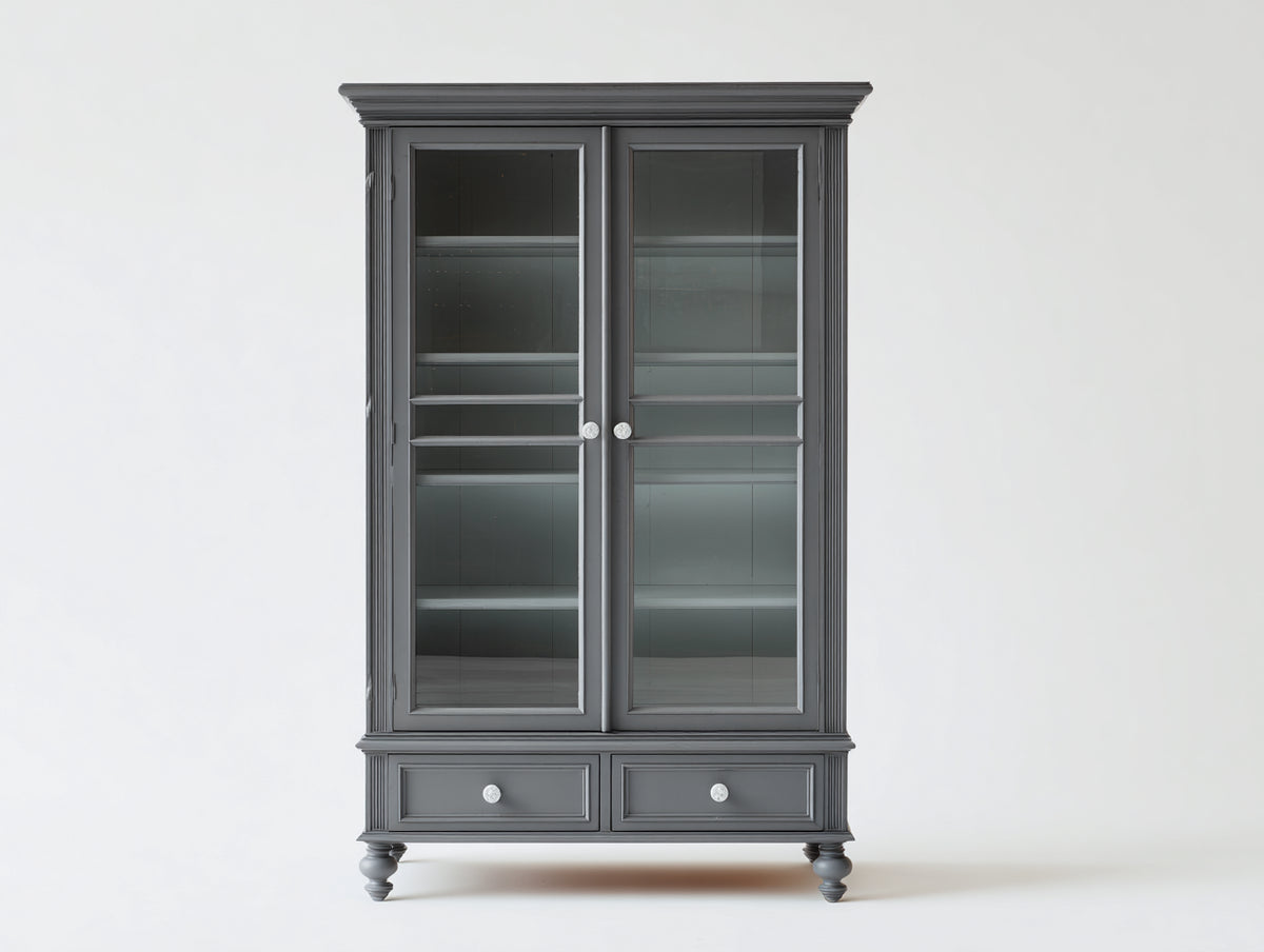 Vitrine 100x40x190 cm aus Holz in Grau mit 2 Glastüren und 2 Schubladen - Elegante Ausstellungsvitrine mit Stauraum für Wohnzimmer und Essbereich