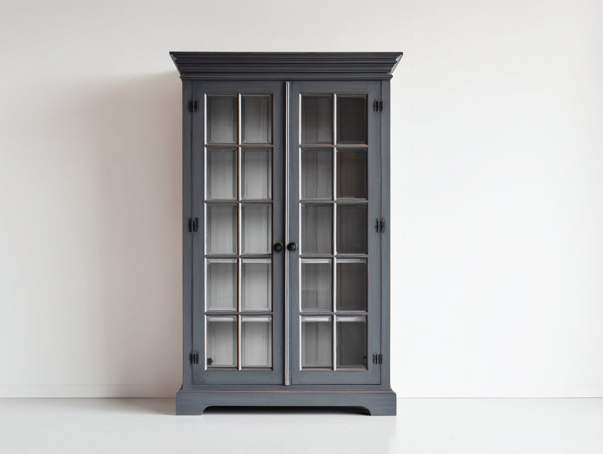 Vitrine 90x40x180 cm - Holzvitrine mit 2 Glastüren - dunkelgraue Holzoptik im klassischen Stil