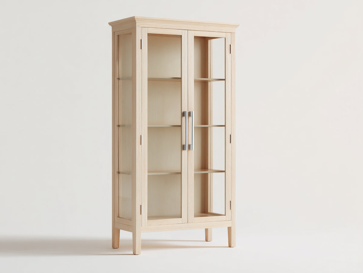 Vitrine 90x40x180 cm aus Holz in Naturfarbe mit 2 Glastüren und mehreren Ablageflächen - Elegante Ausstellungsvitrine für Wohnzimmer und Innenbereich