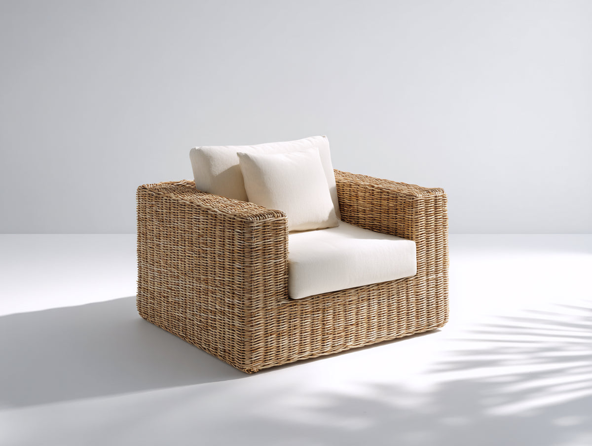 Polyrattan Gartensessel 95x90x75 cm in Naturbraun - Moderner Outdoor-Sessel mit geflochtener Oberfläche und weicher Sitzpolsterung