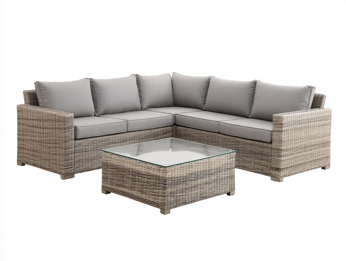Gartensofa Polyrattan 240x240x70 cm Hellgrau - Moderne Ecklounge mit quadratischem Tisch und Glasplatte